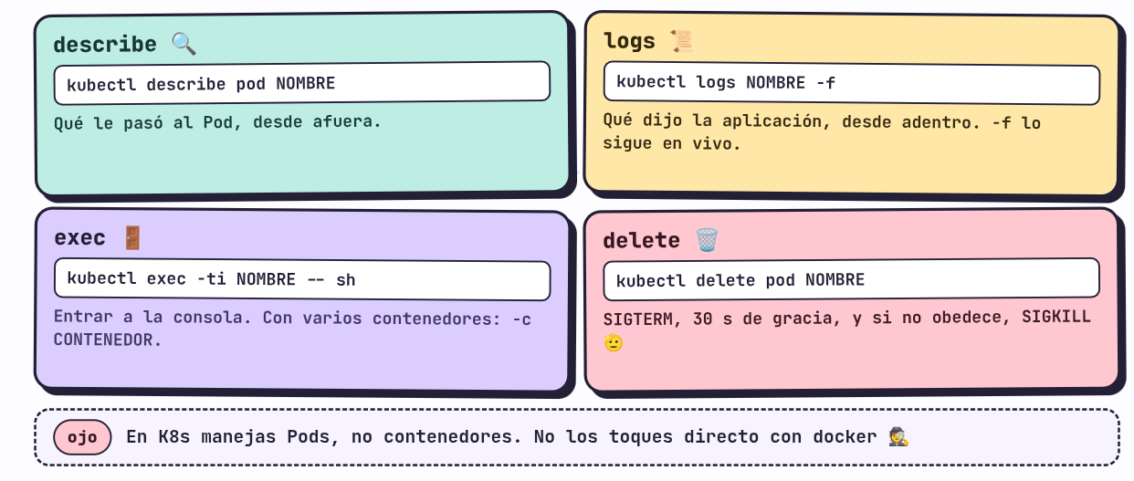 describe, logs, exec y delete